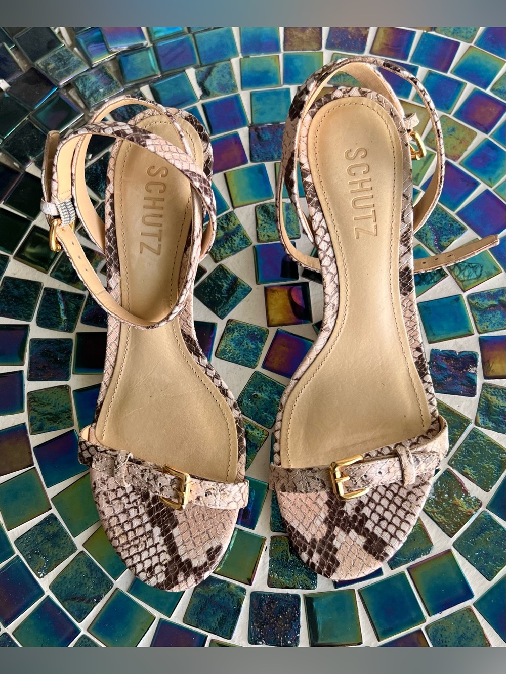 Schutz Aurora Ankle Strap Sandal In A Snake Print.